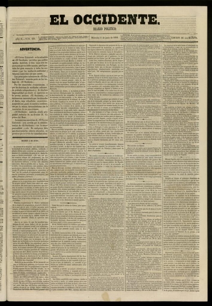 Miniatura de El Occidente: diario político del 4 de junio de 1856, nº 431