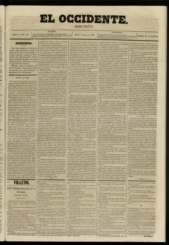 Miniatura de El Occidente: diario político del 7 de junio de 1856, nº 434