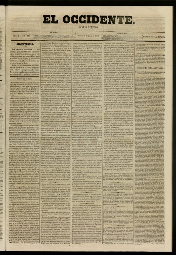 Miniatura de El Occidente: diario político del 12 de junio de 1856, nº 438