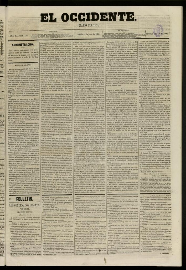 Miniatura de El Occidente: diario político del 14 de junio de 1856, nº 440