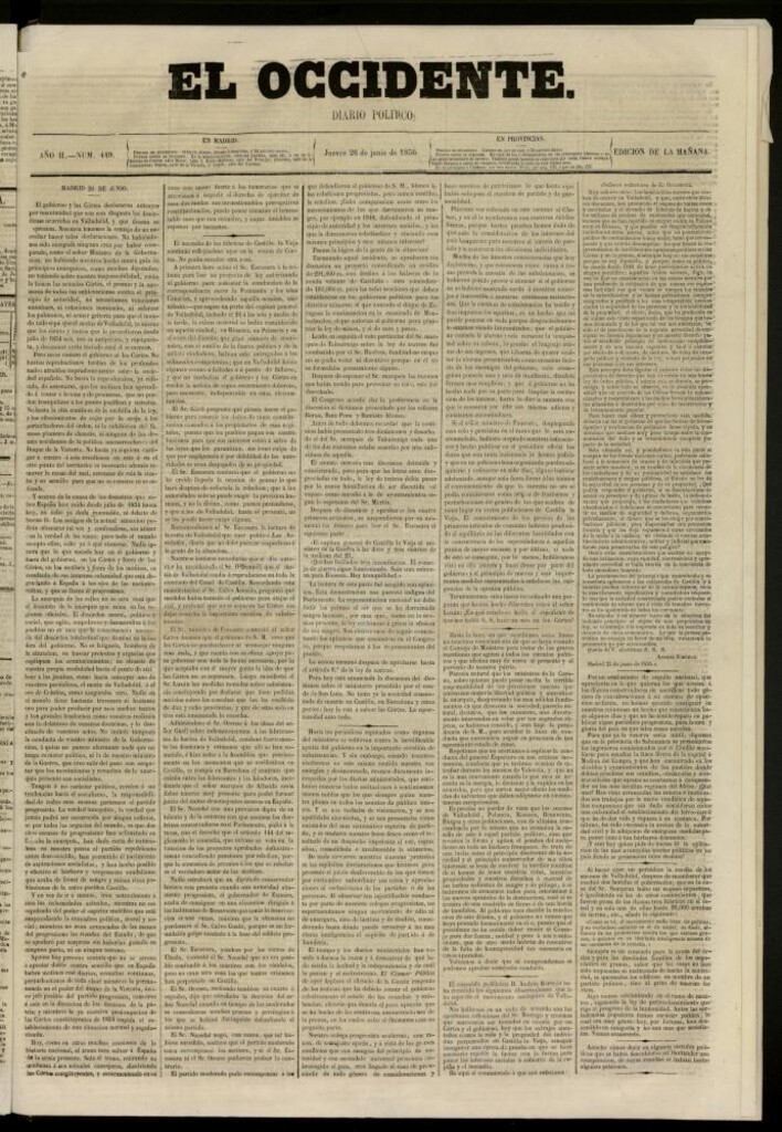 Miniatura de El Occidente: diario político del 26 de junio de 1856, nº 449