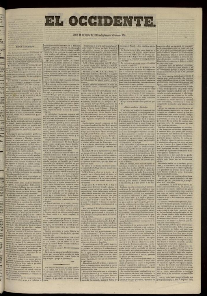 Miniatura de El Occidente: diario político del 11 de enero de 1858, suplemento al nº 938