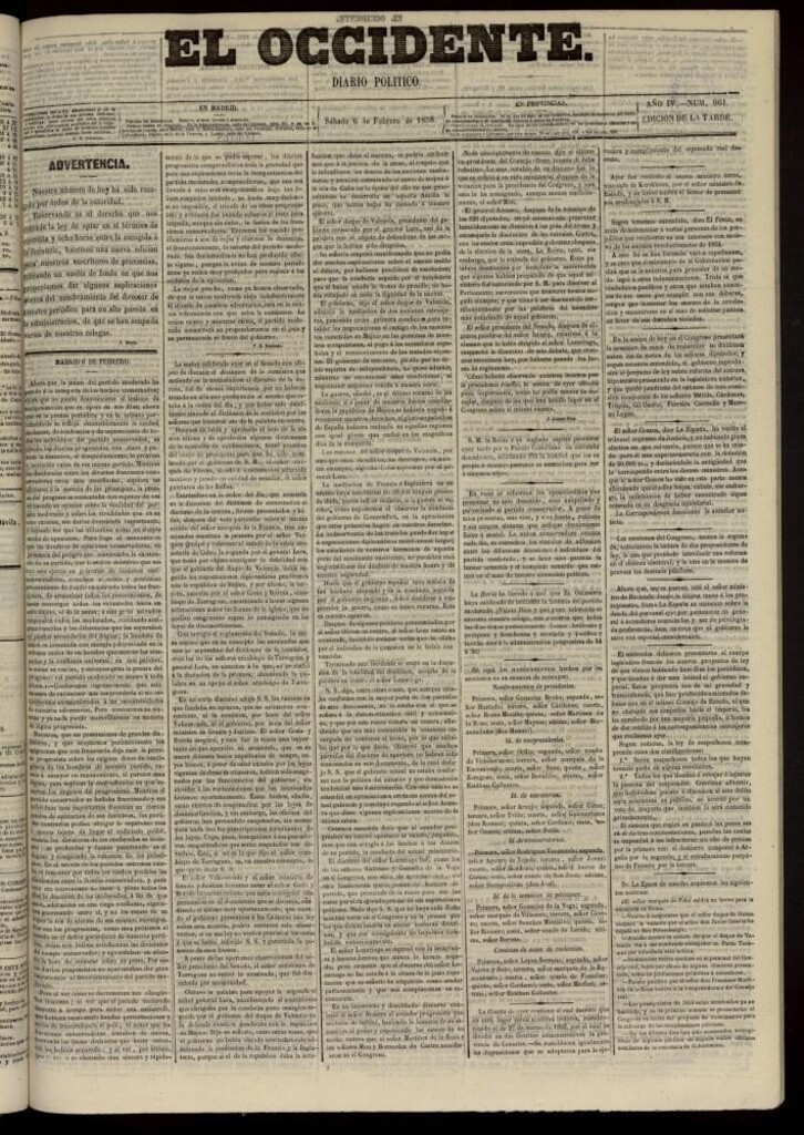 Miniatura de El Occidente: diario político del 6 de febrero de 1858, nº 961. Recogido