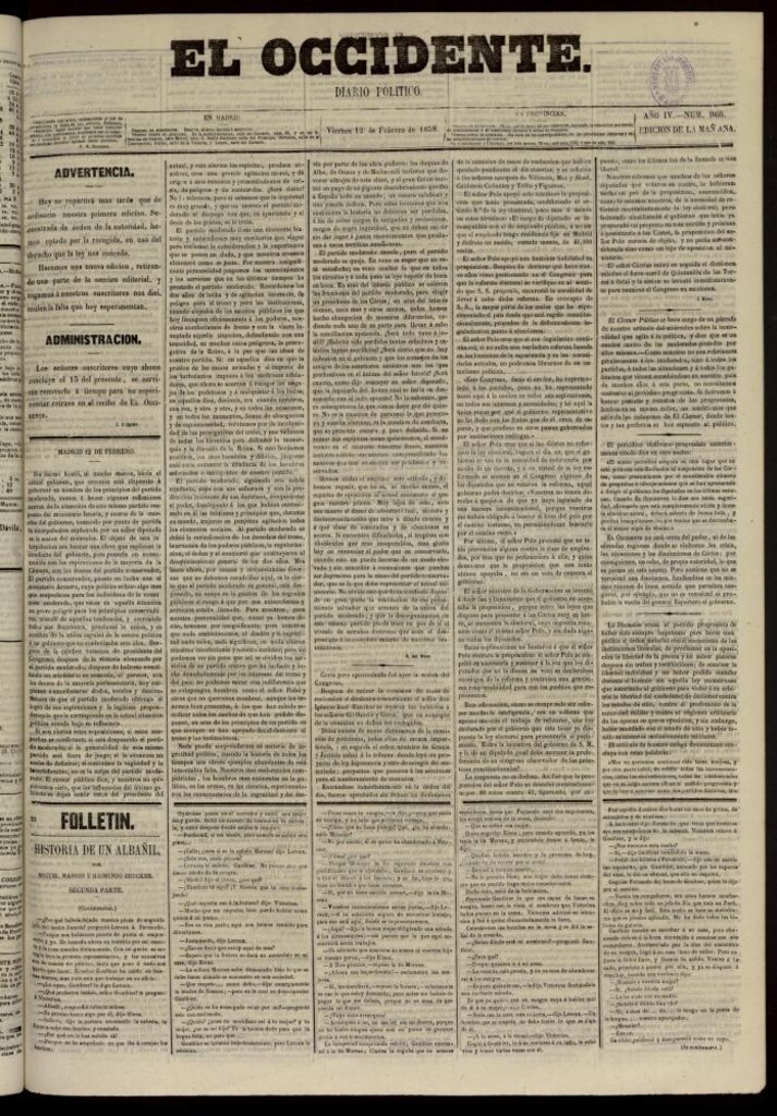 Miniatura de El Occidente: diario político del 12 de febrero de 1858, nº 966. Recogido