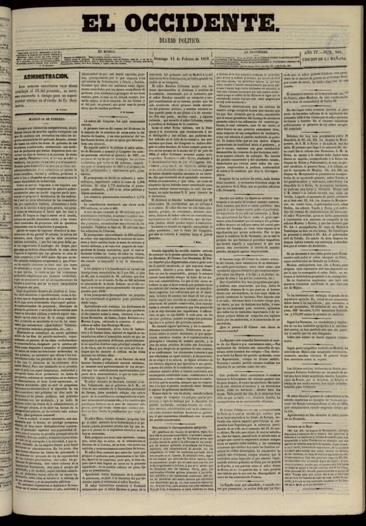 Miniatura de El Occidente: diario político del 14 de febrero de 1858, nº 968