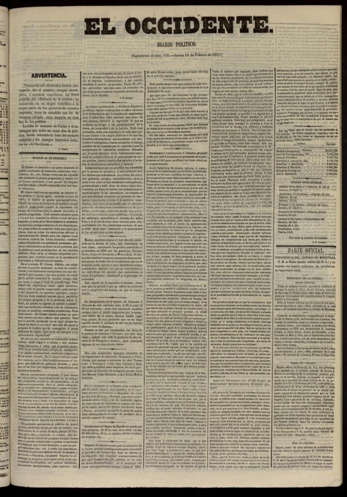 Miniatura de El Occidente: diario político del 18 de febrero de 1858, suplemento al nº 970