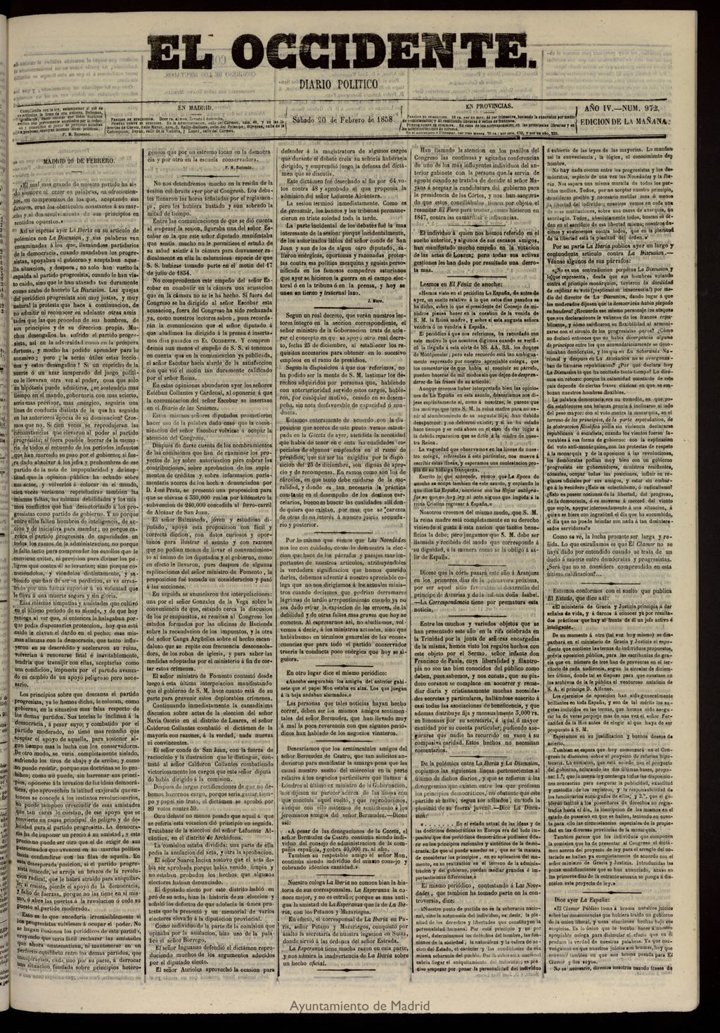Miniatura de El Occidente: diario político del 20 de febrero de 1858, nº 972