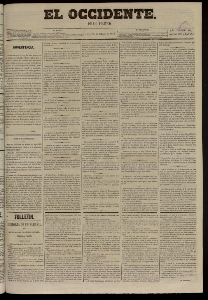 Miniatura de El Occidente: diario político del 25 de febrero de 1858, nº 976. Recogido