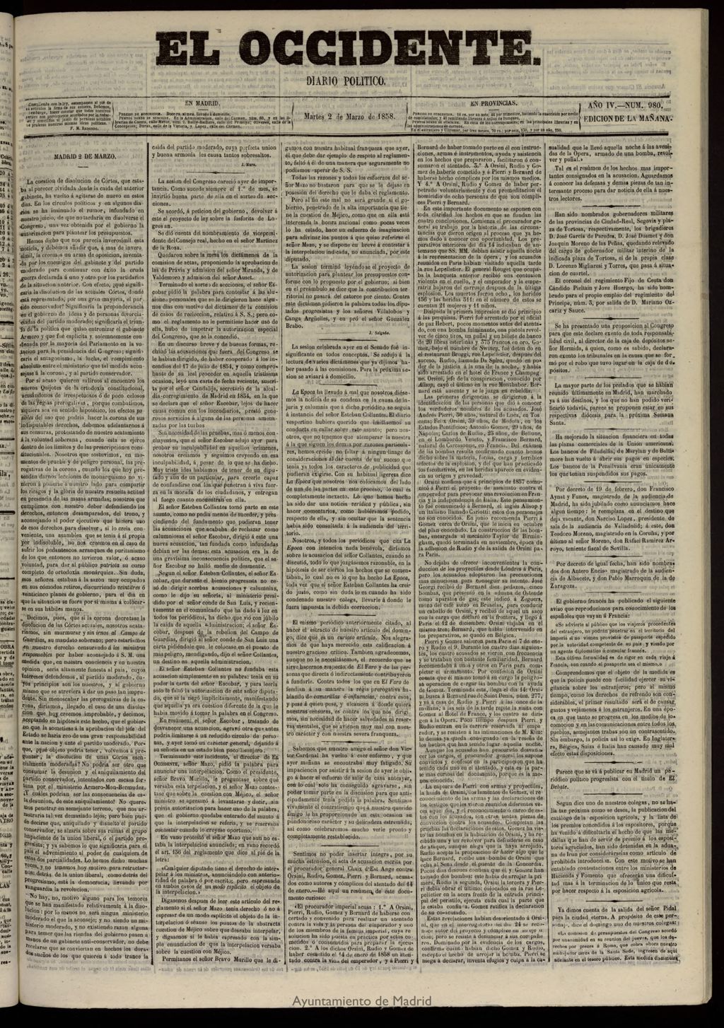 Miniatura de El Occidente: diario político del 2 de marzo de 1858, nº 980