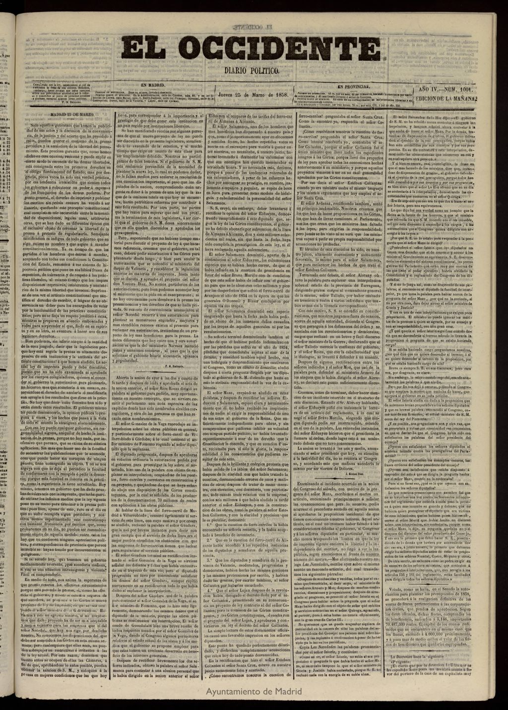 Miniatura de El Occidente: diario político del 25 de marzo de 1858, nº 1001