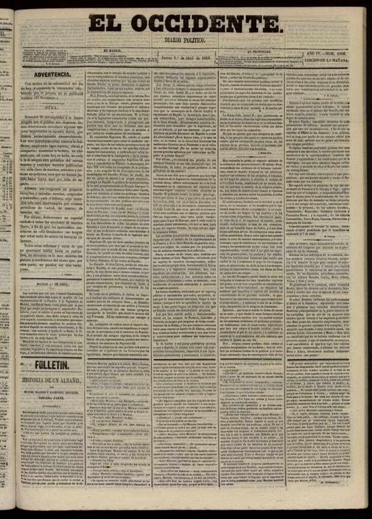 Miniatura de El Occidente: diario político del 1 de abril de 1858, nº 1006