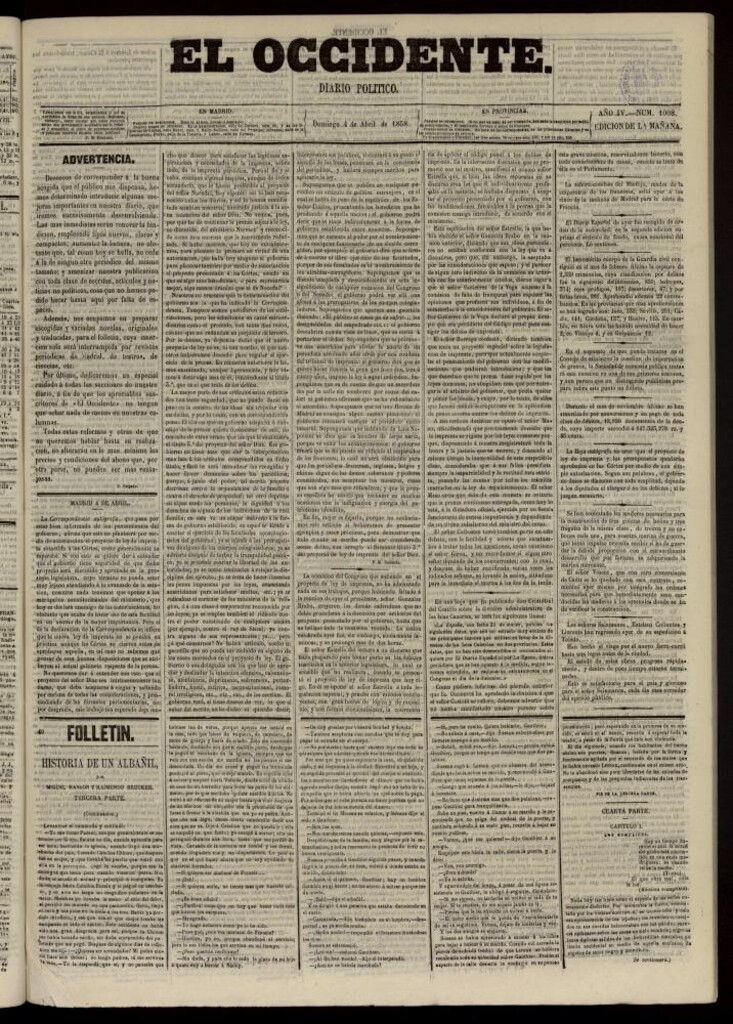 Miniatura de El Occidente: diario político del 4 de abril de 1858, nº 1008