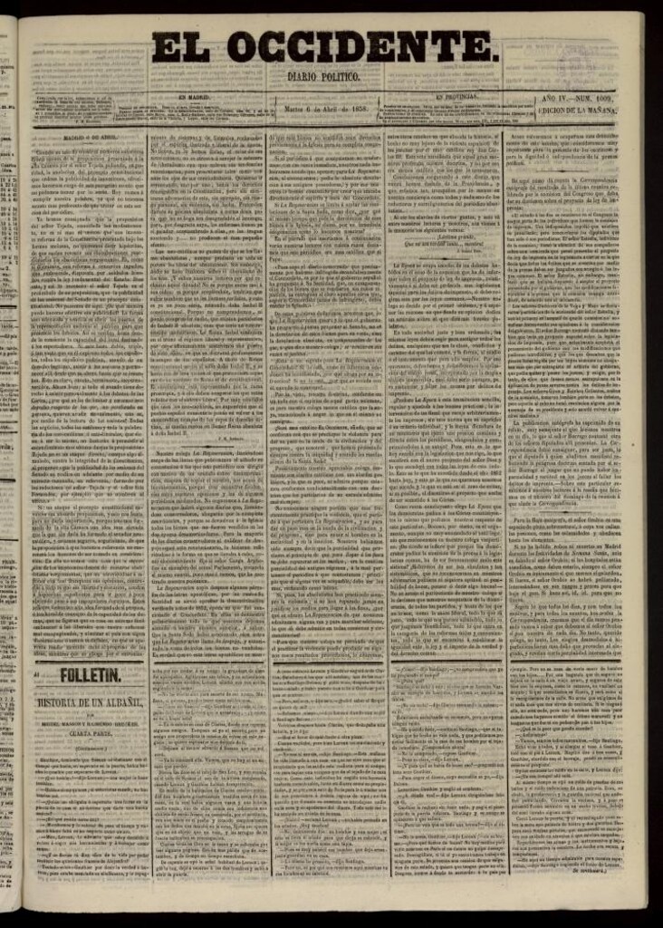 Miniatura de El Occidente: diario político del 6 de abril de 1858, nº 1009