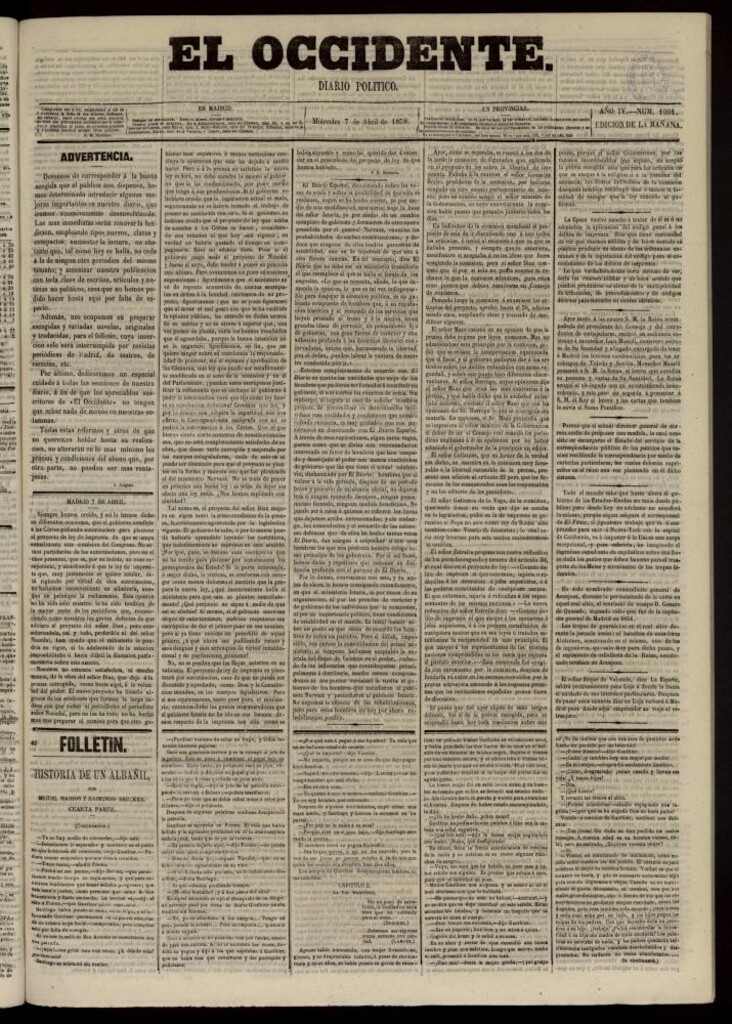 Miniatura de El Occidente: diario político del 7 de abril de 1858, nº 1010