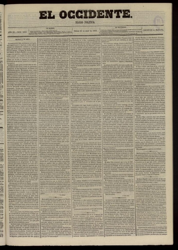 Miniatura de El Occidente: diario político del 10 de abril de 1858, nº 1013