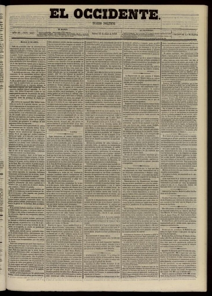 Miniatura de El Occidente: diario político del 15 de abril de 1858, nº 1017