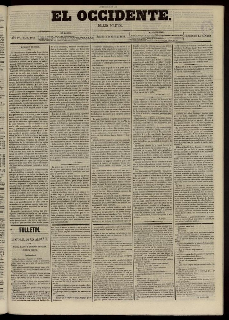 Miniatura de El Occidente: diario político del 17 de abril de 1858, nº 1019