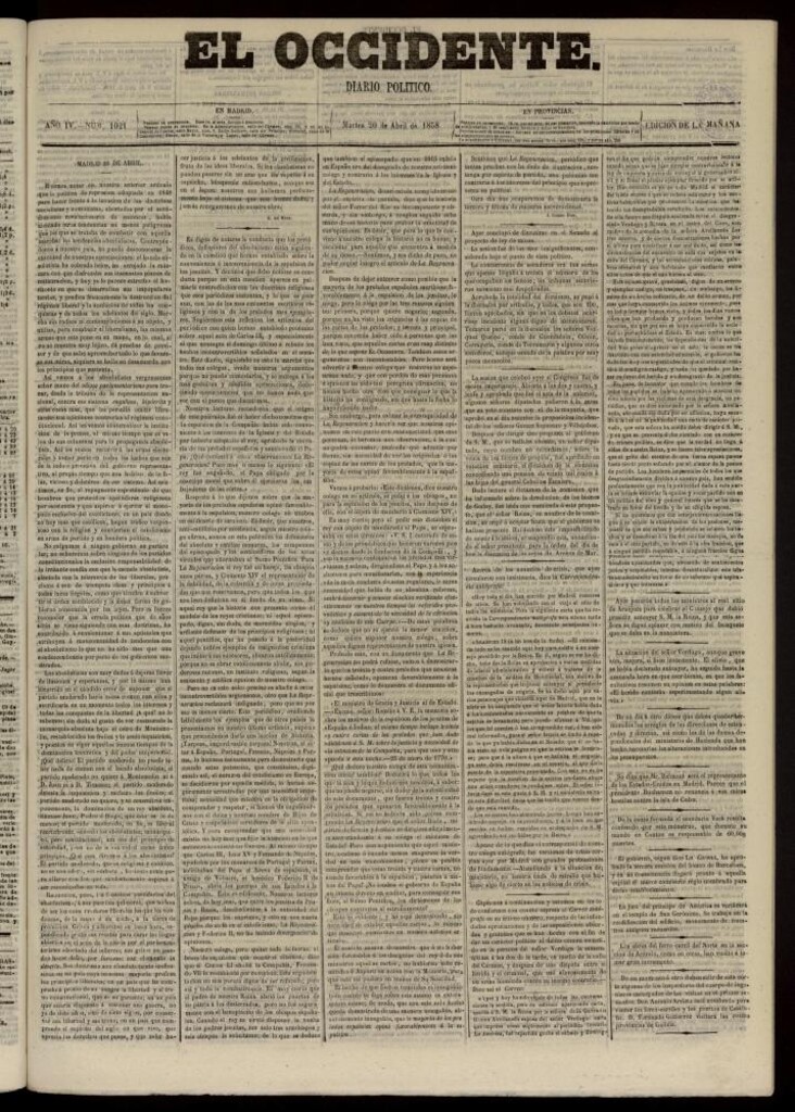 Miniatura de El Occidente: diario político del 20 de abril de 1858, nº 1021