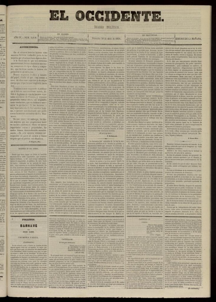 Miniatura de El Occidente: diario político del 28 de abril de 1858, nº 1028