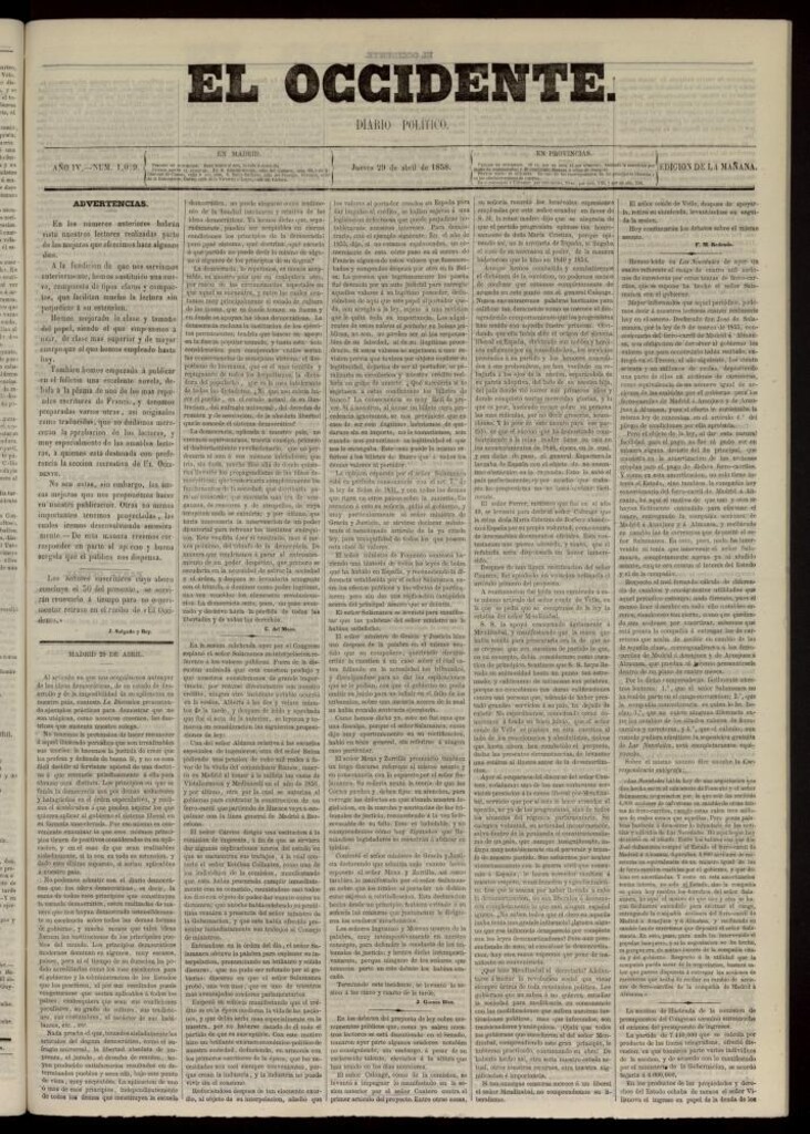 Miniatura de El Occidente: diario político del 29 de abril de 1858, nº 1029
