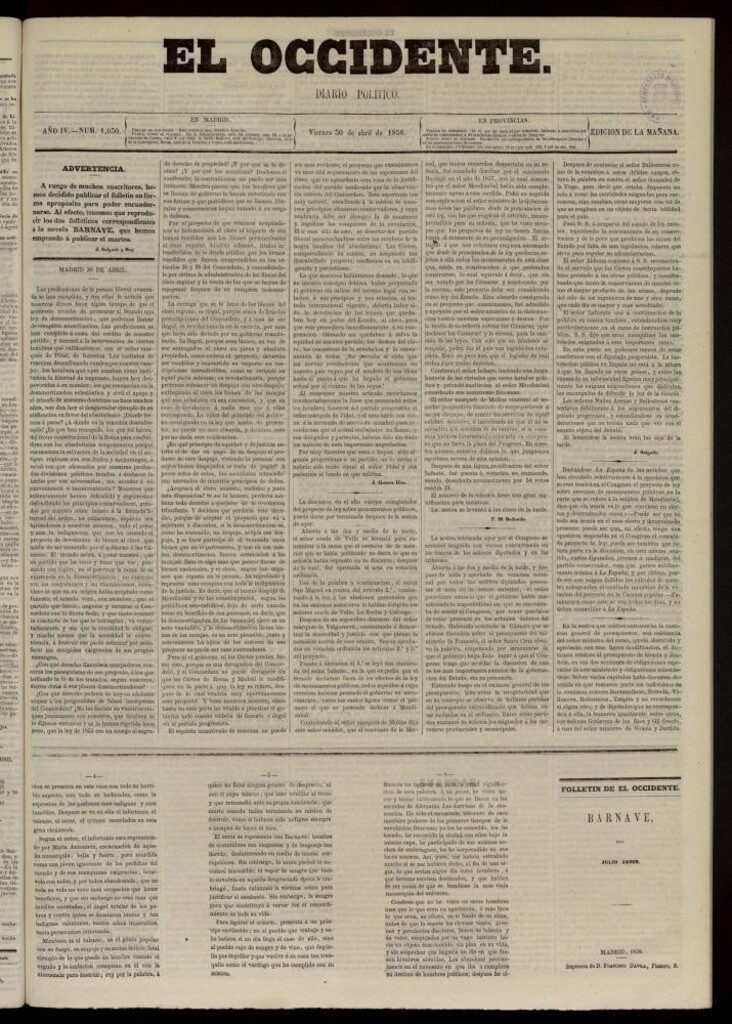 Miniatura de El Occidente: diario político del 30 de abril de 1858, nº 1030