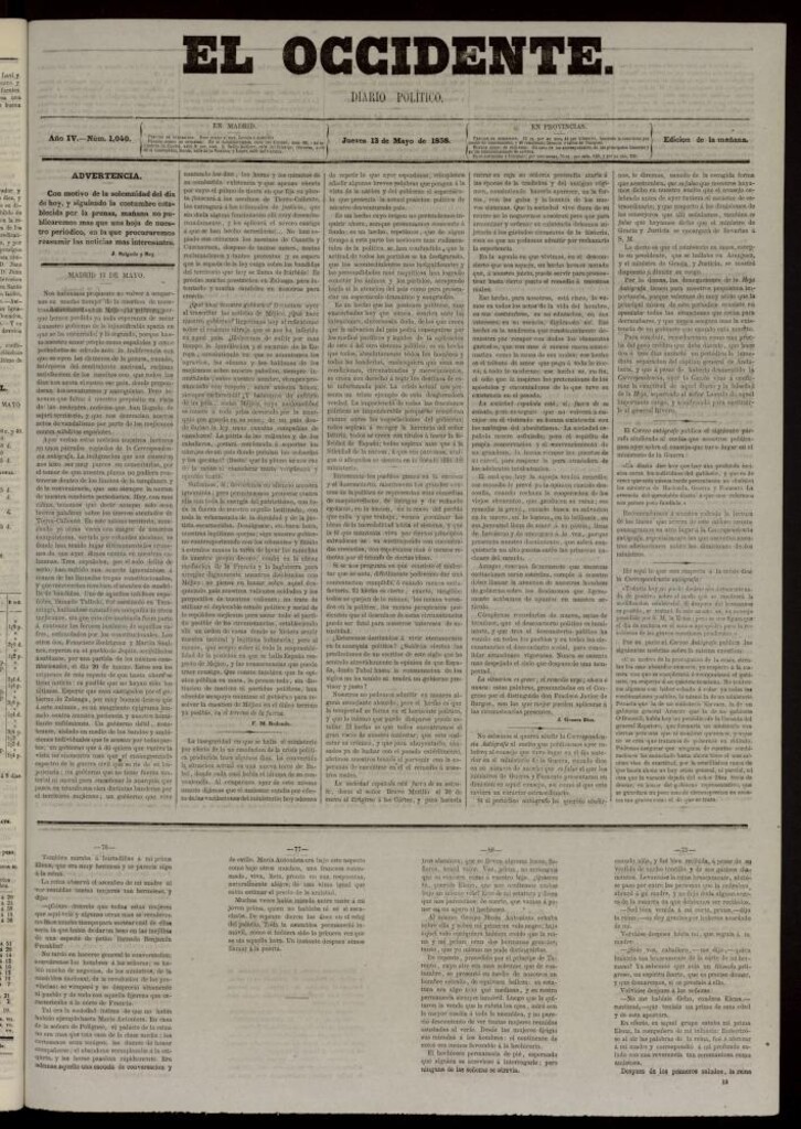 Miniatura de El Occidente: diario político del 13 de mayo de 1858, nº 1040