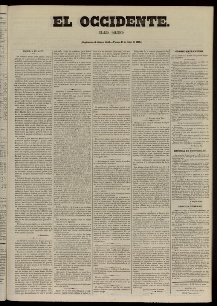 Miniatura de El Occidente: diario político del 14 de mayo de 1858, suplemento al nº 1040