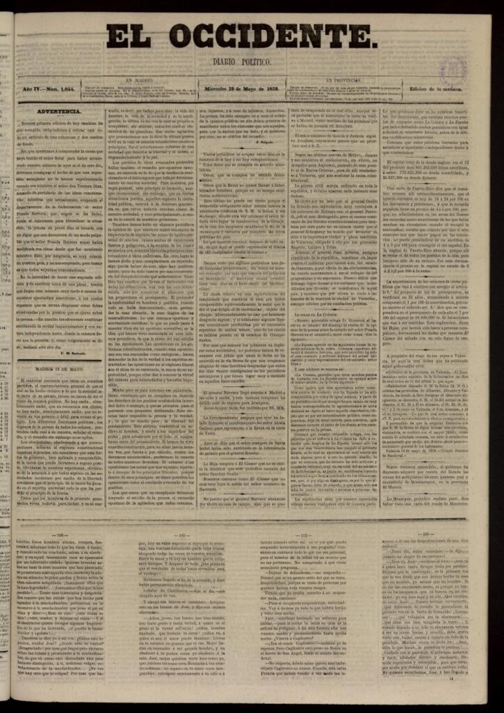 Miniatura de El Occidente: diario político del 19 de mayo de 1858, nº 1044. Recogido