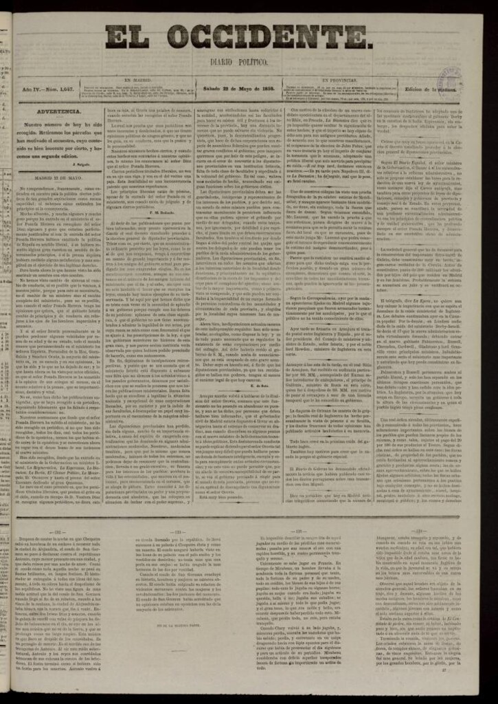 Miniatura de El Occidente: diario político del 22 de mayo de 1858, nº 1047. Recogido