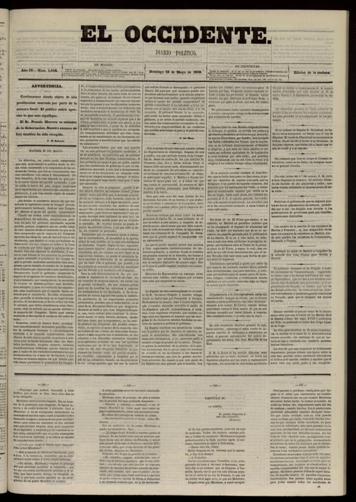 Miniatura de El Occidente: diario político del 23 de mayo de 1858, nº 1048. Recogido