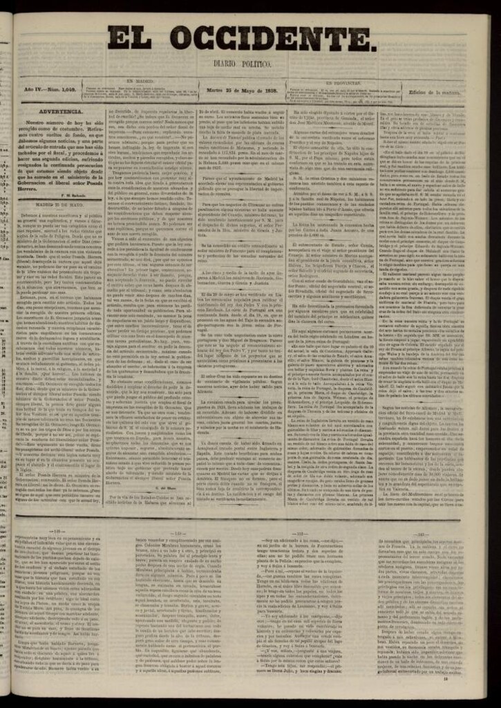 Miniatura de El Occidente: diario político del 25 de mayo de 1858, nº 1049. Recogido
