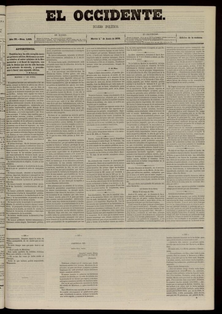 Miniatura de El Occidente: diario político del 1 de junio de 1858, nº 1055. Recogido