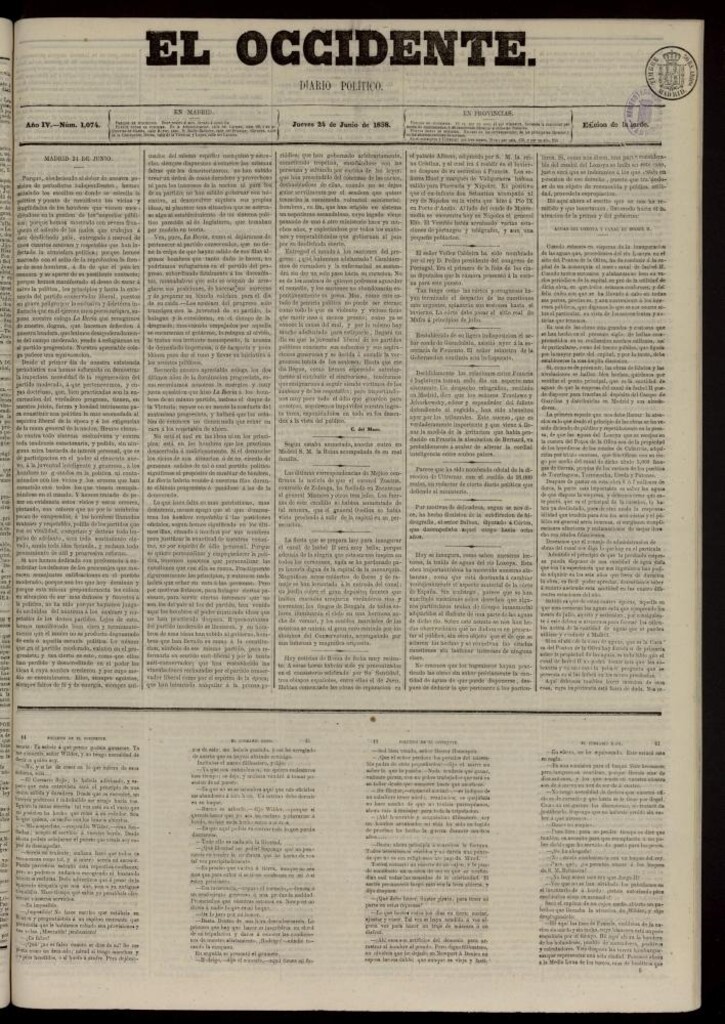 Miniatura de El Occidente: diario político del 24 de junio de 1858, nº 1074