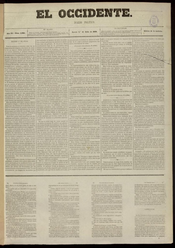 Miniatura de El Occidente: diario político del 1 de julio de 1858, nº 1080