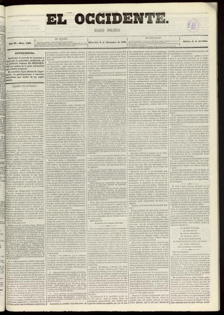Miniatura de El Occidente: diario político del 8 de diciembre de 1858, nº 1216