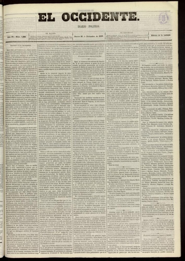 Miniatura de El Occidente: diario político del 16 de diciembre de 1858, nº 1222