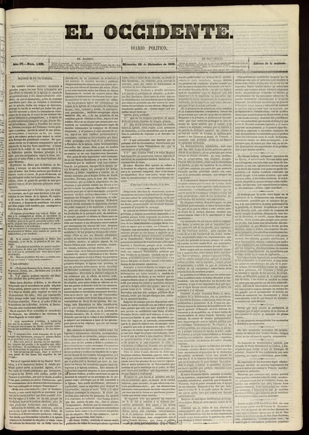 Miniatura de El Occidente: diario político del 29 de diciembre de 1858, nº 1232