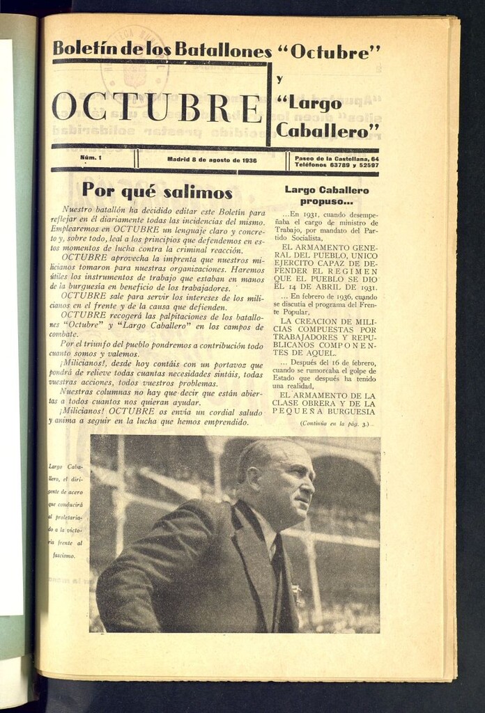 Miniatura de Octubre : boletín de los Batallones Octubre y Largo Caballero