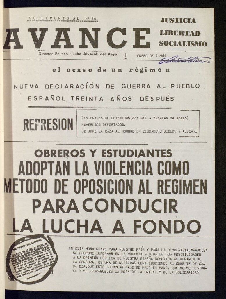 Miniatura de Avance: justicia, libertad, socialismo, de enero de 1969