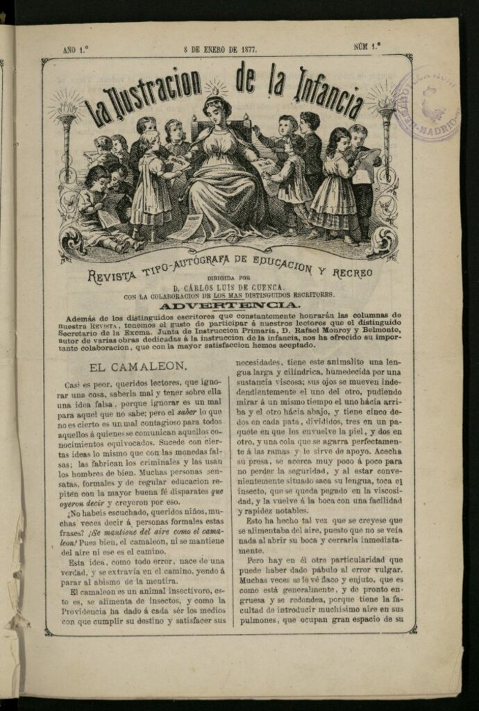 Miniatura de La Ilustración de la Infancia : revista tipo-autógrafa de educación y recreo del 8 de enero de 1877, nº 1