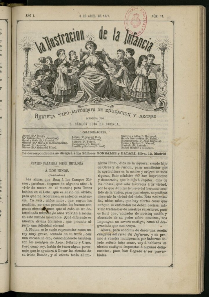 Miniatura de La Ilustración de la Infancia : revista tipo-autógrafa de educación y recreo del 8 de abril de 1877, nº 13