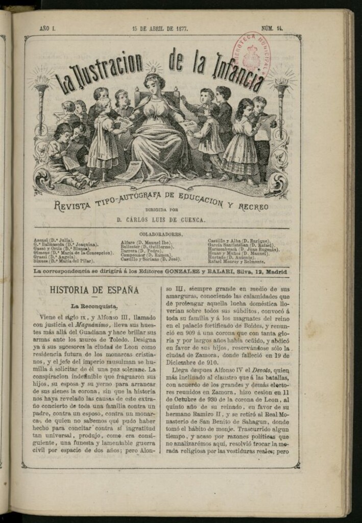 Miniatura de La Ilustración de la Infancia : revista tipo-autógrafa de educación y recreo de 15 de abril de 1877, nº 14