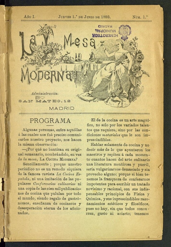 Miniatura de La Mesa Moderna: gastronomía, higiene y embellecimiento, arte culinario, trato social..del 1 de junio de 1893, nº 1