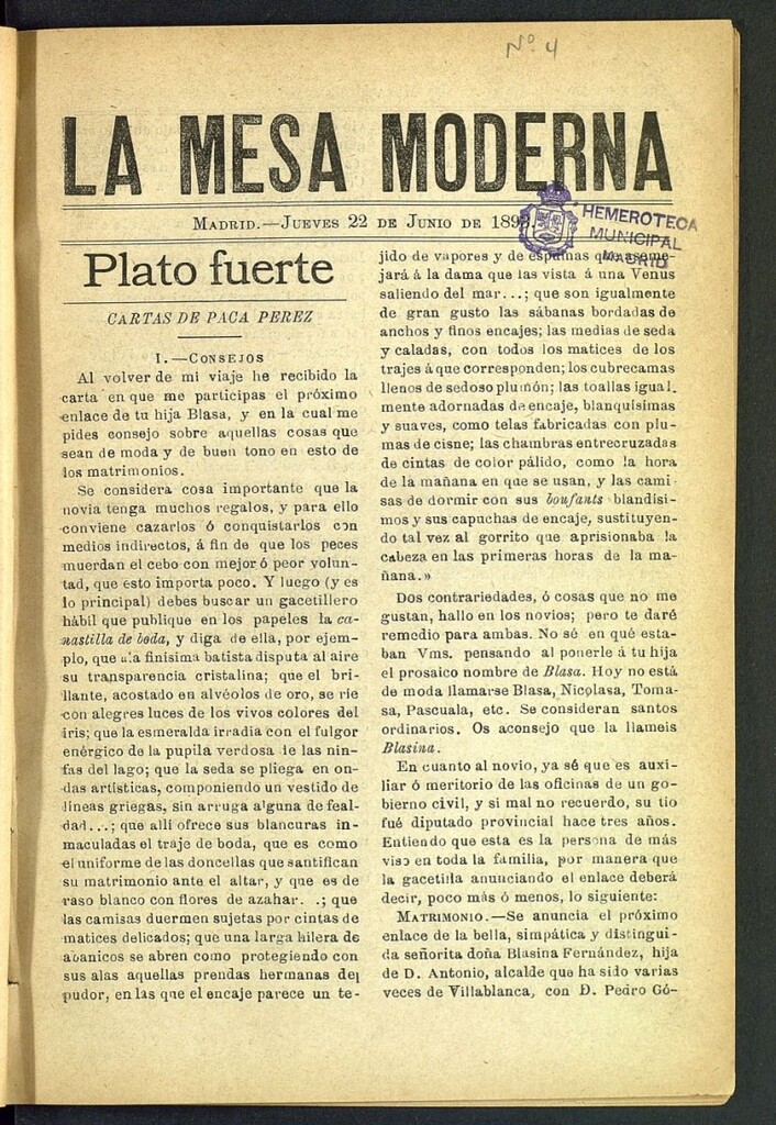 Miniatura de La Mesa Moderna: gastronomía, higiene y embellecimiento, arte culinario, trato social..del 22 de junio de 1893, nº 4