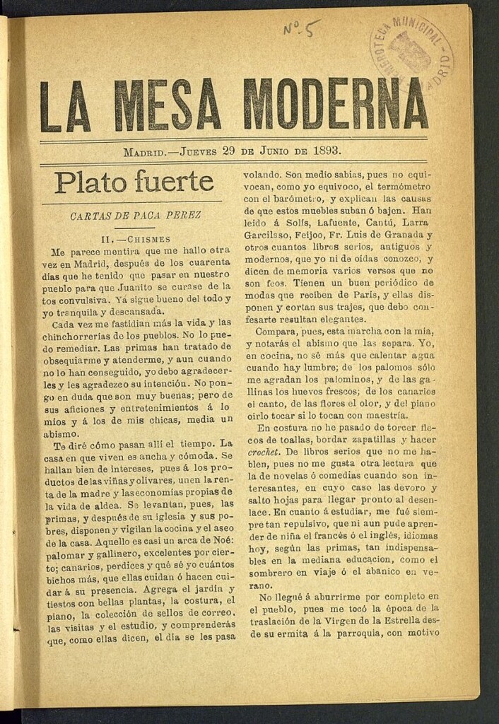 Miniatura de La Mesa Moderna: gastronomía, higiene y embellecimiento, arte culinario, trato social..del 29 de junio de 1893, nº 5