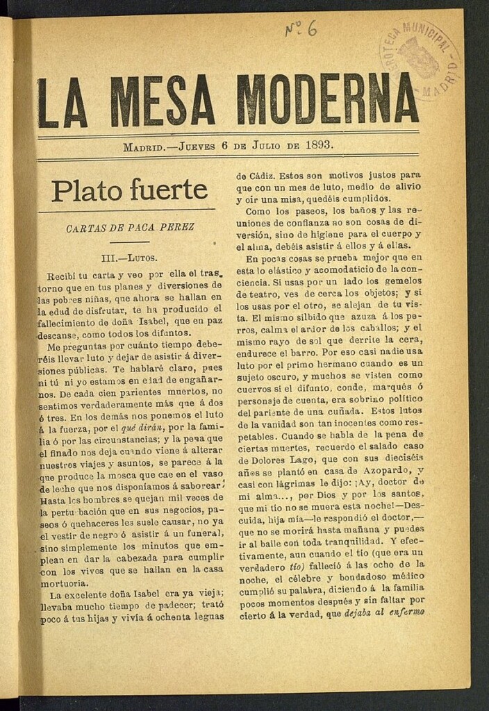 Miniatura de La Mesa Moderna: gastronomía, higiene y embellecimiento, arte culinario, trato social...del 6 de julio de 1893, nº 6