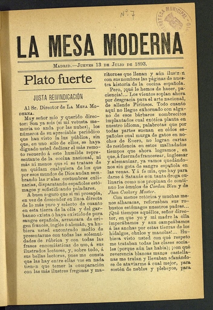 Miniatura de La Mesa Moderna: gastronomía, higiene y embellecimiento, arte culinario, trato social..del 13 de julio de 1893, nº 7