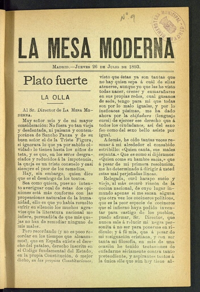 Miniatura de La Mesa Moderna: gastronomía, higiene y embellecimiento, arte culinario, trato social...del 26 de julio de 1893, nº 9