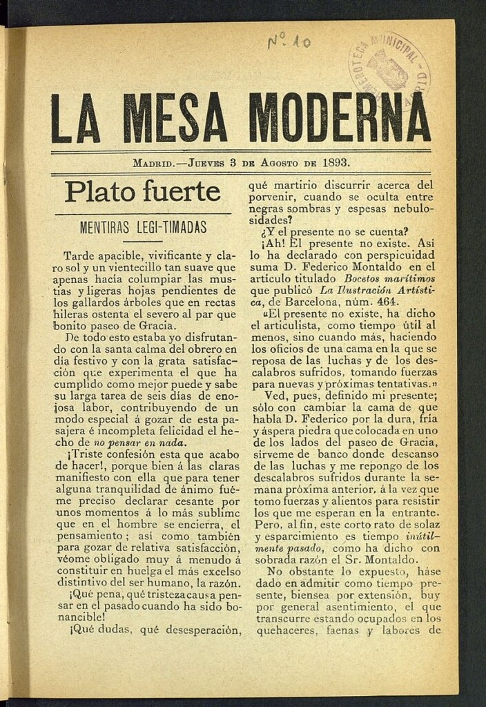 Miniatura de La Mesa Moderna: gastronomía, higiene y embellecimiento, arte culinario, trato social...del 3 de agosto de 1893, nº 10