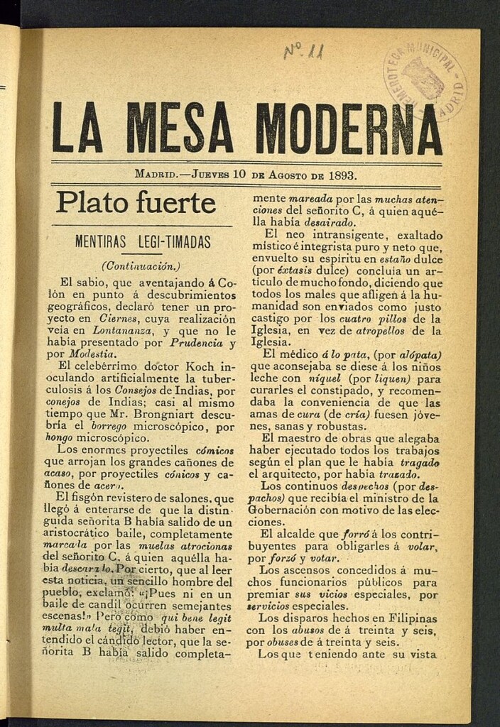 Miniatura de La Mesa Moderna: gastronomía, higiene y embellecimiento, arte culinario, trato social...del 10 de agosto de 1893, nº 11
